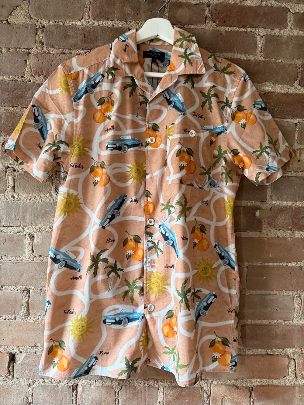 Ted Baker London Peach Tropical Print Short-Sleeve Camp Shirt